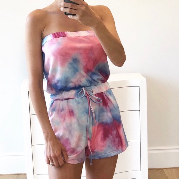 Pink/Blue Tie Dye Strapless Romper / Small - Picture 2 of 6